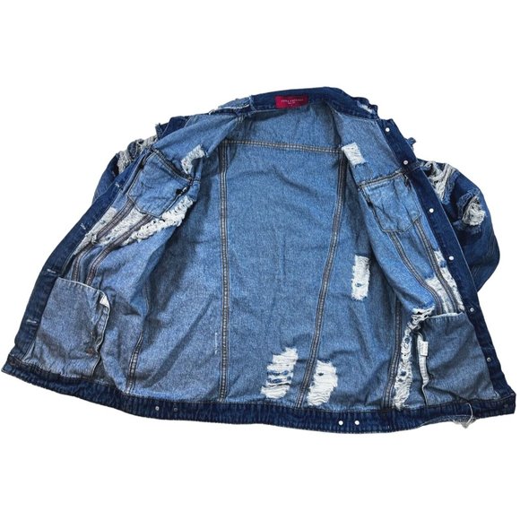 Akira Chicago Red Label Distressed Denim Jean Jacket Size Women’s Large - Picture 9 of 13